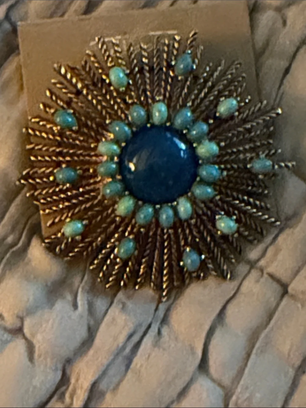 Large sunburst brooch lapis crystal and turquoise colored cabochon stones brooch
